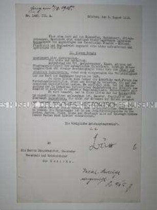 Rundschreiben der Königlichen Amtshauptmannschaft von Zwickau, Nr. 1460. 3.A., zur Erfassung von Reisegepäck von feindlichen Ausländern