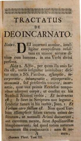 Theologia universa ad usum sacrae theologiae candidatorum, 3. De incarnatione et gratia. 1765.