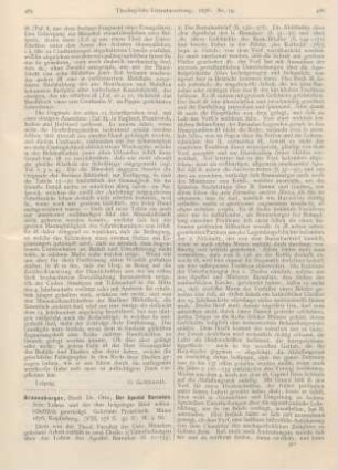 485-489 [Rezension] Braunsberger, Otto, Der Apostel Barnabas. Sein Leben und der ihm beigelegte Brief wissenschaftlich gewürdigt