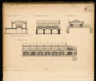 Bahnhof Börse der Stadtbahn, Berlin Monatskonkurrenz Oktober 1878: Aufriss Vorderansicht, Rückansicht, Seitenansicht (Ausschnitt), Längsschnitt mit Innenansicht der Fensterwand (Ausschnitt); Maßstabsleiste