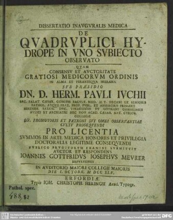 Dissertatio Inauguralis Medica De Quadruplici Hydrope In Uno Subiecto Observato