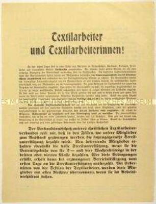 Flugblatt des christlichen Textilarbeiterverbandes gegen politische Streiks