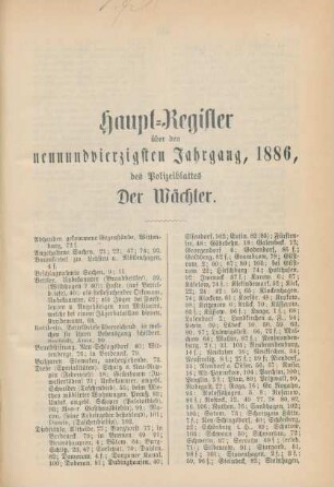 Haupt-Register über den neunundvierzigsten Jahrgang, 1886, des Polizeiblattes Der Wächter