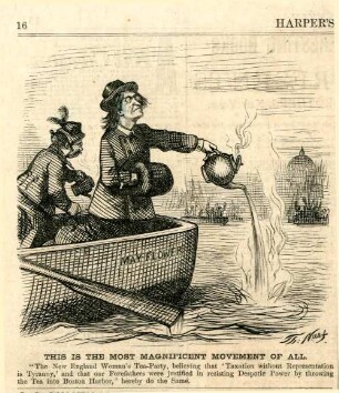 This is the most magnificent movement of all. [Anschließend folgt ein Textblock] : Frauen schütten von einem Boot aus Tee in den Hafen von Boston