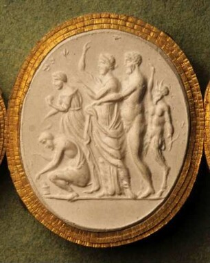 Bacchusfest, Fünf Feiernde, darunter ein Satyr (Daktyliothek, Erstes Mythologisches Tausend)