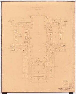 Wiener Staatsoper Wiederaufbau: Grundriss Bühnenhaus 3. Obergeschoss, Zuschauerhaus Balkon 1:200