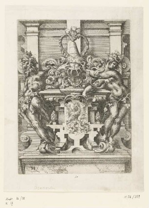 Wappen mit einem aufgerichteten Löwen, aus: Wendel Dietterlin, Architectura, Nürnberg 1598, S. 38