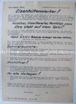 Hektografiertes Propagandaflugblatt aus dem EKO zur Planerfüllung