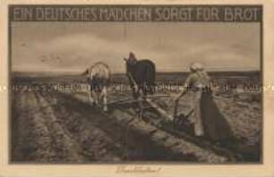 Patriotische Postkarte mit pflügender Frau