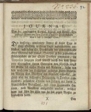 Journal Von der combinirten Kayserl. Königl. und Reichs-Executions-Armee aus dem Haupt-Quartier Friedrichstadt vom 1. bis 5. August. 1760