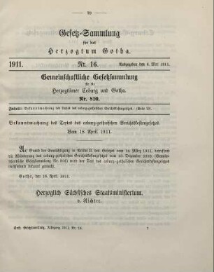 16. Bekanntmachung des Textes des coburg-gothaischen Gerichtskostengesetzes. Vom 18. April 1911