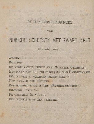 De tien eerste nommers van indische schetsen met zwart krijt handelen over: ...