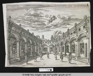 Eine Theaterkulisse: Merkur schwebt über sieben Gelehrten in einem Schlosshof, der gesäumt ist von Kolonaden in denen Künstler ihrer Arbeit nachgehen.