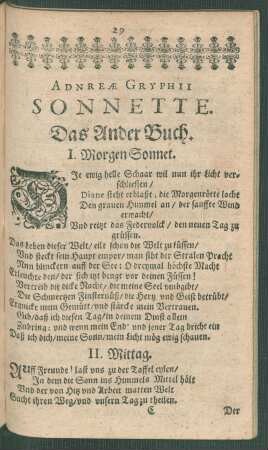 Andreae Gryphii Sonnette. Das Ander Buch.