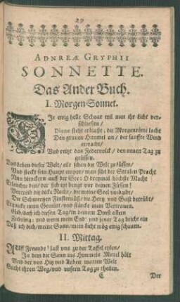 Andreae Gryphii Sonnette. Das Ander Buch.