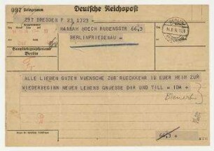 Telegramm von Ida Bienert an Hannah Höch. Dresden