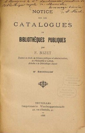 Notice sur les catalogues de bibliothèques publiques par F. Nizet