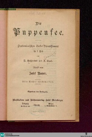 Die Puppenfee : pantomimisches Ballet Divertissement in 1 Act