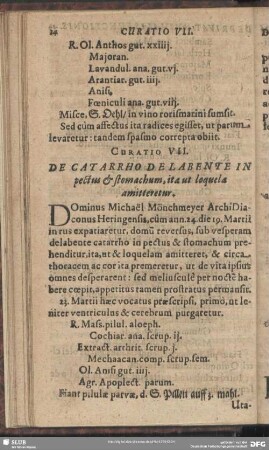 Curatio VII. De Catarrho De Labente In pectus et stomachum, ita ut loquela amitteretur