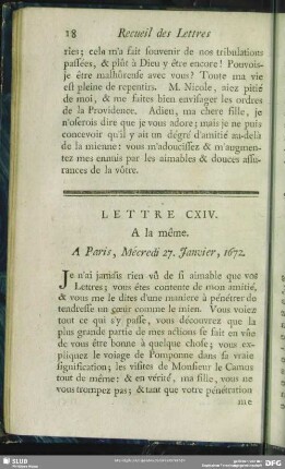 Lettre CXIV. A la même. A Paris, Mécredi 27. Janvier, 1672