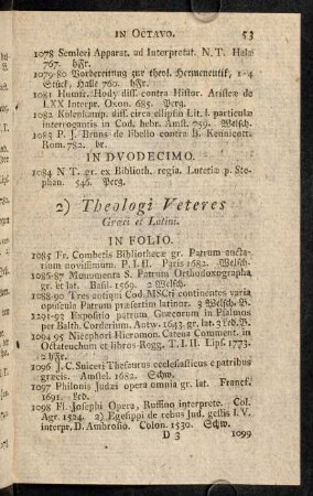 53-58, 2) Theologici Veteres Graeci et Latini.