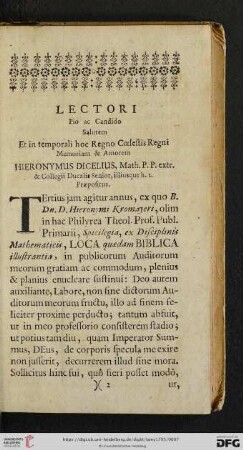 Lectori Pio ac Candido Salutem et in temporali hoc Regno Cœlestis Regni Memoriam & Amorem Hieronymus Dicelius [...]