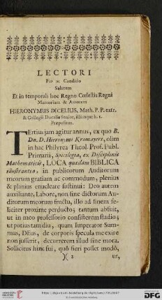 Lectori Pio ac Candido Salutem et in temporali hoc Regno Cœlestis Regni Memoriam & Amorem Hieronymus Dicelius [...]