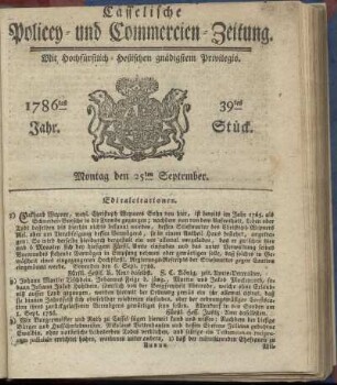 39tes Stueck, Montag den 25ten September. 1786