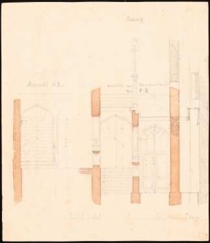 Schloss Stabelwitz Erweiterung: Aufriss A - B, Aufriss C - D, Schnitt Treppe mit Tür, Maßstabsleiste (Fuß rhl.)