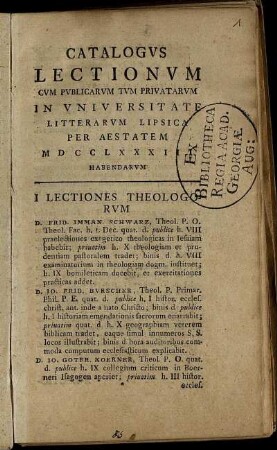 1783: Catalogus Lectionum Et Publicarum Et Privatorum In Universitate Lipsiensi ... Habendarum