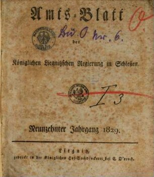 Amts-Blatt der Preußischen Regierung zu Liegnitz. 1829 = Jg. 19