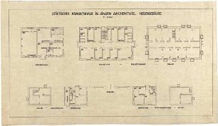 Billing, Hermann; Singen; Krankenhaus - Nebengebäude, Leichenhalle (Grundriss); Isoliergebäude (Grundriss EG; Grundriss Keller); Aborthäuschen (Grundriss EG; Grundriss Keller); Pförtnerhäuschen (Grundriss EG; Grundriss Keller)