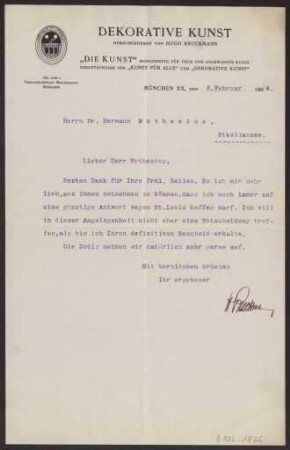 Schreiben an Hermann Muthesius (Brief)