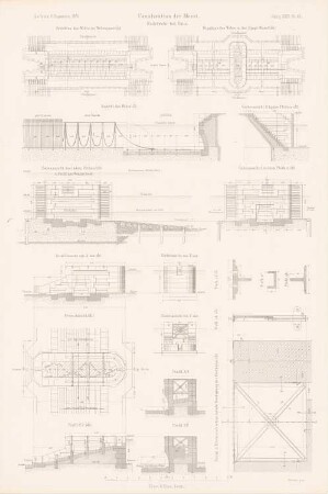 Kanalisierung der Mosel, Vaux: Grundriss, Ansichten, Schnitte, Details Nadelwehr bei Vaux (aus: Atlas zur Zeitschrift für Bauwesen, hrsg. v. G. Erbkam, Jg. 24, 1874)
