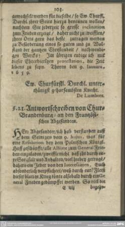 §. 21. Antwortschreiben von Chur-Brandenburg, an den Frantzösischen Abgesandten