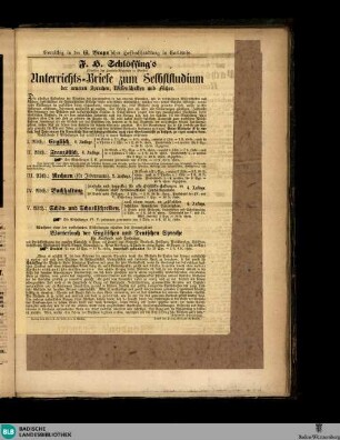 Karlsruher Tagblatt, Vorräthig in der G. Braun'schen Hofbuchhandlung...Unterrichts-Briefe zum Selbststudium