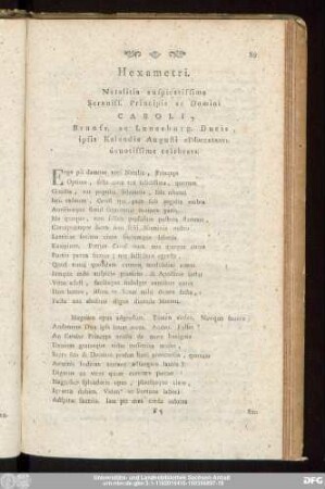 Hexametri. Natalitia auspicatissima Sereniss. Principis ac Domini Caroli, Brunsu. ac Lunaeburg. Ducis, ipsis Kalendis Augusti MDCCXXXXVI. deuotissime celebrata.