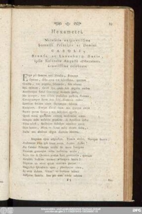 Hexametri. Natalitia auspicatissima Sereniss. Principis ac Domini Caroli, Brunsu. ac Lunaeburg. Ducis, ipsis Kalendis Augusti MDCCXXXXVI. deuotissime celebrata.