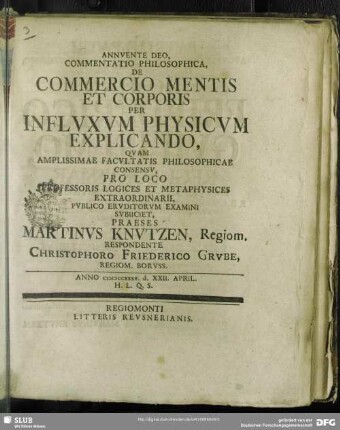 Annuente Deo, Commentatio Philosophica, De Commercio Mentis Et Corporis Per Influxum Physicum Explicando