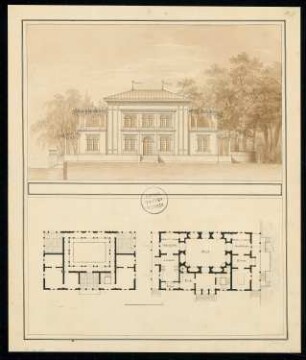 Schützenhaus Monatskonkurrenz Mai 1832: Grundriss Erdgeschoss, Obergeschoss, Aufriss Vorderansicht; 2 Maßstabsleisten