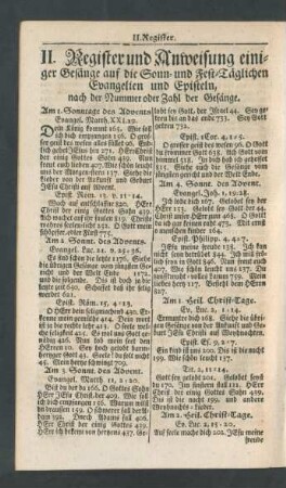 II. Register und Anweisung einiger Gesänge auf die Sonn- und Fest-Täglichen Evangelien und Episteln [...]