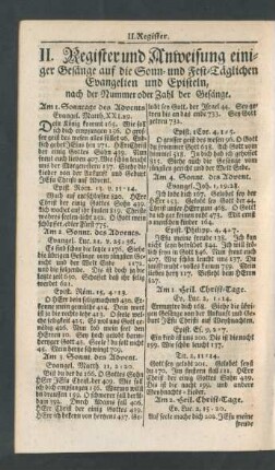 II. Register und Anweisung einiger Gesänge auf die Sonn- und Fest-Täglichen Evangelien und Episteln [...]