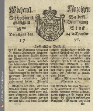 38tes Stück, Dienstags den 24ten December 1771