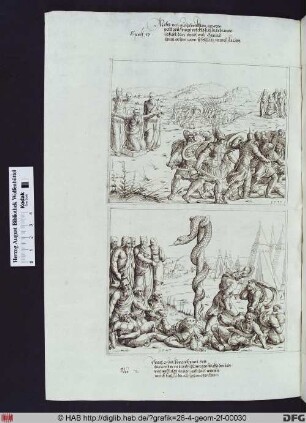 Moses reckt die Arme gen Himmel, die von zwei Männern gestützt werden, um Gottes Beistand bei der Schlacht Josuas gegen Amalek zu erhalten.