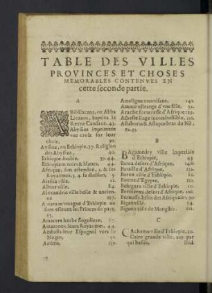 Table des villes provinces et choses memorables