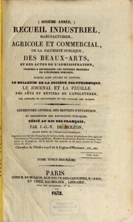 Recueil industriel, manufacturier, agricole et commercial, de la salubrité publique et des beaux-arts : auquel est réuni le Journal hebdomadaire des arts et métiers de l'Angleterre ; répertoire général des brevets d'invention. 22. 1832