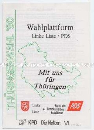 Informationsblatt der Linken Liste/PDS zur Landtagswahl in Thüringen 1990 mit der Wahlplattform