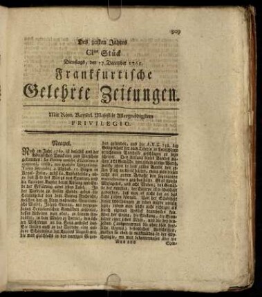 CItes Stück Dienstags, den 17. December 1765. - CVtes Stück Dienstags, den 31. December 1765.