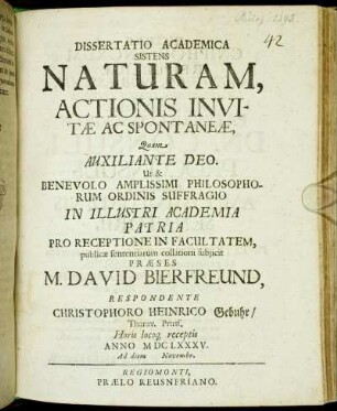 Dissertatio Academica Sistens Naturam, Actionis Invitae Ac Spontaneae