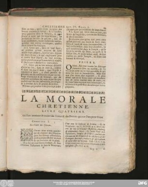 La Morale Chretienne. Livre Quatrieme. Où l'on continue de traiter des Vertus & des Devoirs qui ont Dieu pour Objet.